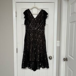 Taylor lace overlay dress. Flutter sleeves and flared hem. V-neck and back.